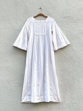 Vintage 70s Christian Dior White Eyelet Lace Bell Sleeve Caftan Maxi Dress